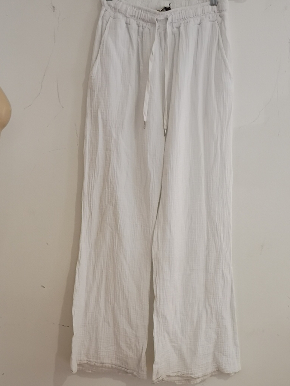 Women's Wide-Leg White Drawstring Linen Blend Pants